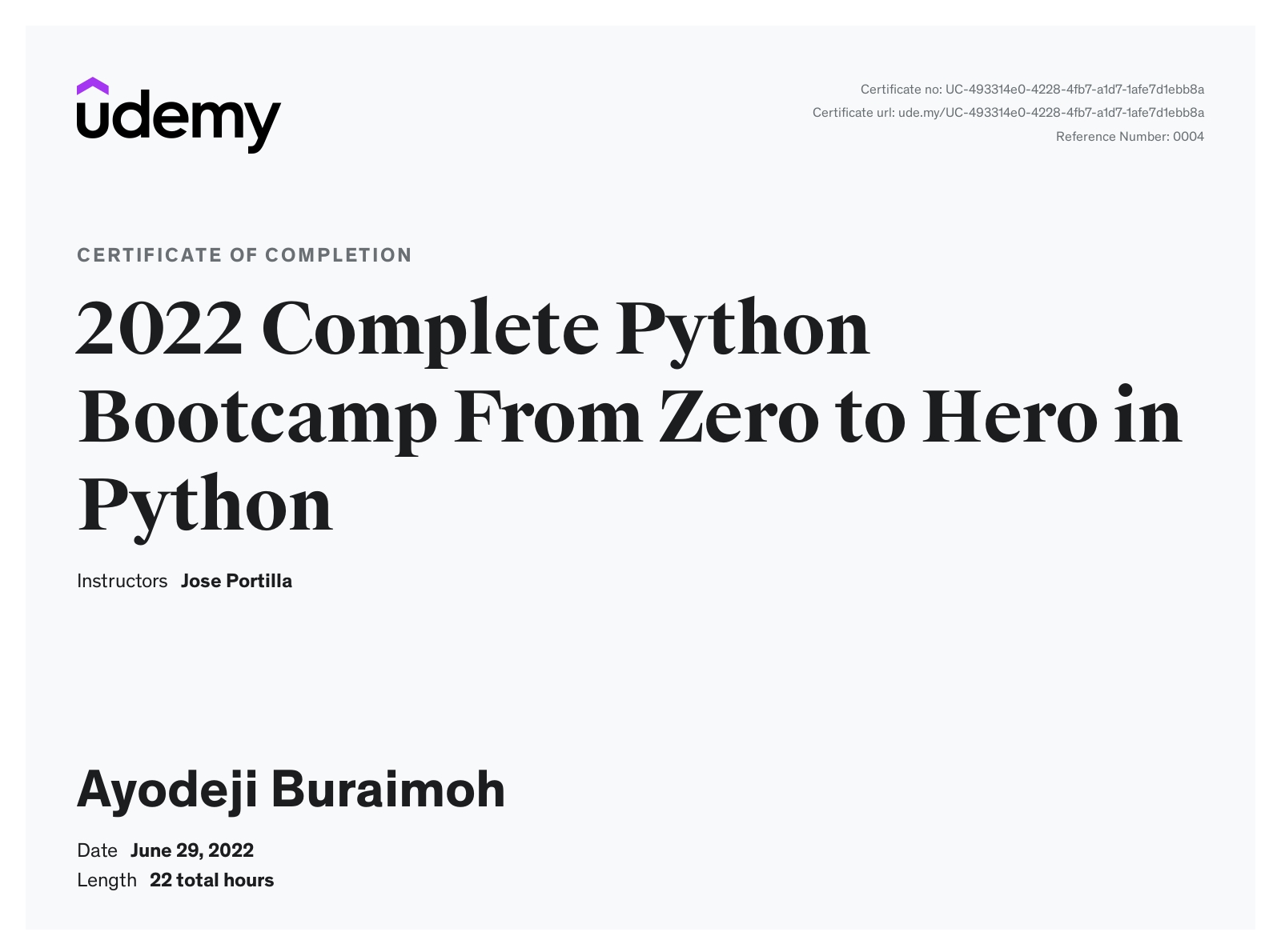 Python Bootcamp Certificate